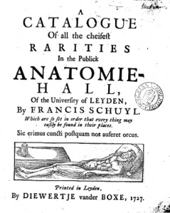 Title page of an English visitor's catalogue to the Leiden Anatomical theatre, 1727. 