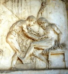 A marble relief from Herculaneum. Achilles scrapes rust from his spear into the wound of Telephus. Source: http://www.monsalvat.no/grkmyths.htm